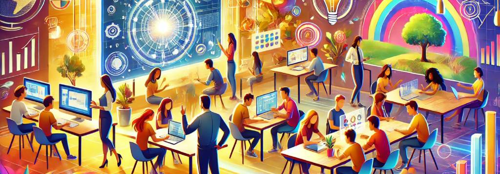 Illustration of a futuristic classroom with a teacher guiding diverse students engaged in activities like using advanced technology, group discussions, and creative projects, featuring holographic screens and a collaborative atmosphere, symbolizing innovation and future readiness in education. #FutureReadiness #21stCenturySkills #EducationInnovation #HolisticLearning #ModernClassroom #TeachingExcellence #StudentSuccess #FuturisticEducation