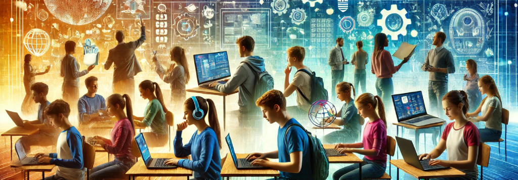 Futuristic-themed illustration of diverse students engaging in activities that represent future-ready skills, including coding on laptops, collaborating on projects, exploring virtual reality, and creating art. The background features a blend of classroom and digital elements with holographic screens and glowing tech interfaces, symbolizing innovation, adaptability, and global connections.