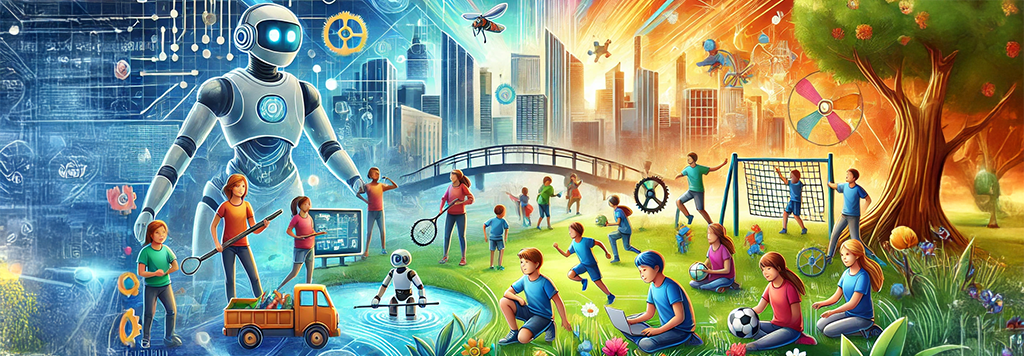 Illustration of a futuristic cityscape with children engaged in coding, robotics, sports, and nature exploration, symbolizing future readiness and balanced learning. Bright, vibrant colors emphasize innovation, teamwork, and adaptability. #FutureReadiness #ParentingTips #ChildDevelopment #ZamitOne