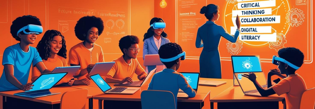A modern classroom with diverse students engaging in collaborative activities using tablets, laptops, and virtual reality headsets. A teacher guides them with a holographic projection displaying 21st-century skills like creativity, critical thinking, and digital literacy. The background features innovative elements such as gears, lightbulbs, and futuristic technology, symbolizing progress and future readiness in education. #zamit #zamitone #futurereadiness #educationinnovation