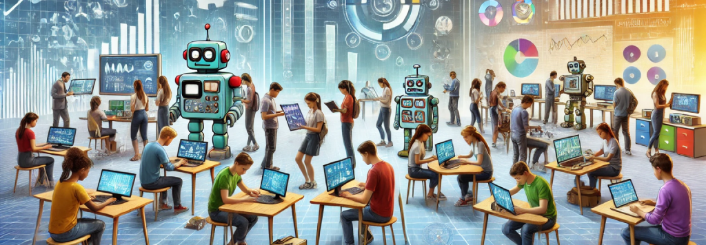 A futuristic classroom setting showcasing diverse students engaging in coding, robotics, and digital collaboration. The scene features modern tools like VR headsets, holographic displays, and digital screens with graphs, highlighting 21st-century skills and future readiness. #zamitone #futureReadiness #21stCenturySkills #EducationInnovation