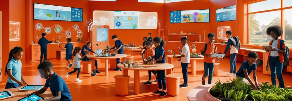 Futuristic school with an orange-themed design, featuring students engaged in AI learning, STEAM projects, and sustainability initiatives in a modern, tech-driven classroom environment.