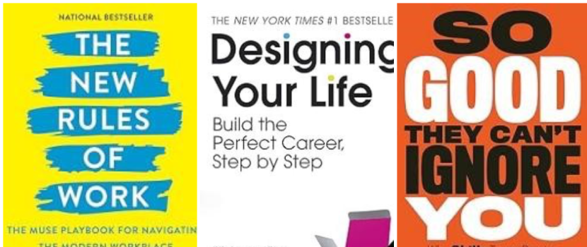 A "Zamit Bookmark" of three career-focused books: The New Rules of Work, Designing Your Life, and So Good They Can't Ignore You, offering modern strategies for career and personal growth.