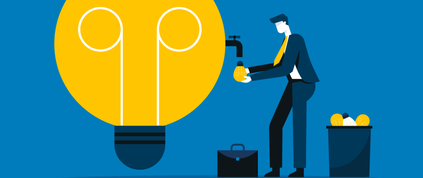 Zamit Future Fact: An abstract illustration of a person in a suit extracting growing orbs from a large lightbulb, symbolizing generating and collecting innovative ideas.