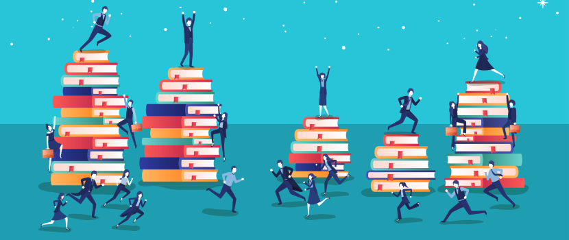 People climbing and interacting with giant stacks of colorful books against a blue background with scattered stars symbolizing the title Fast Forward: Educators Remain Relevant and internships
