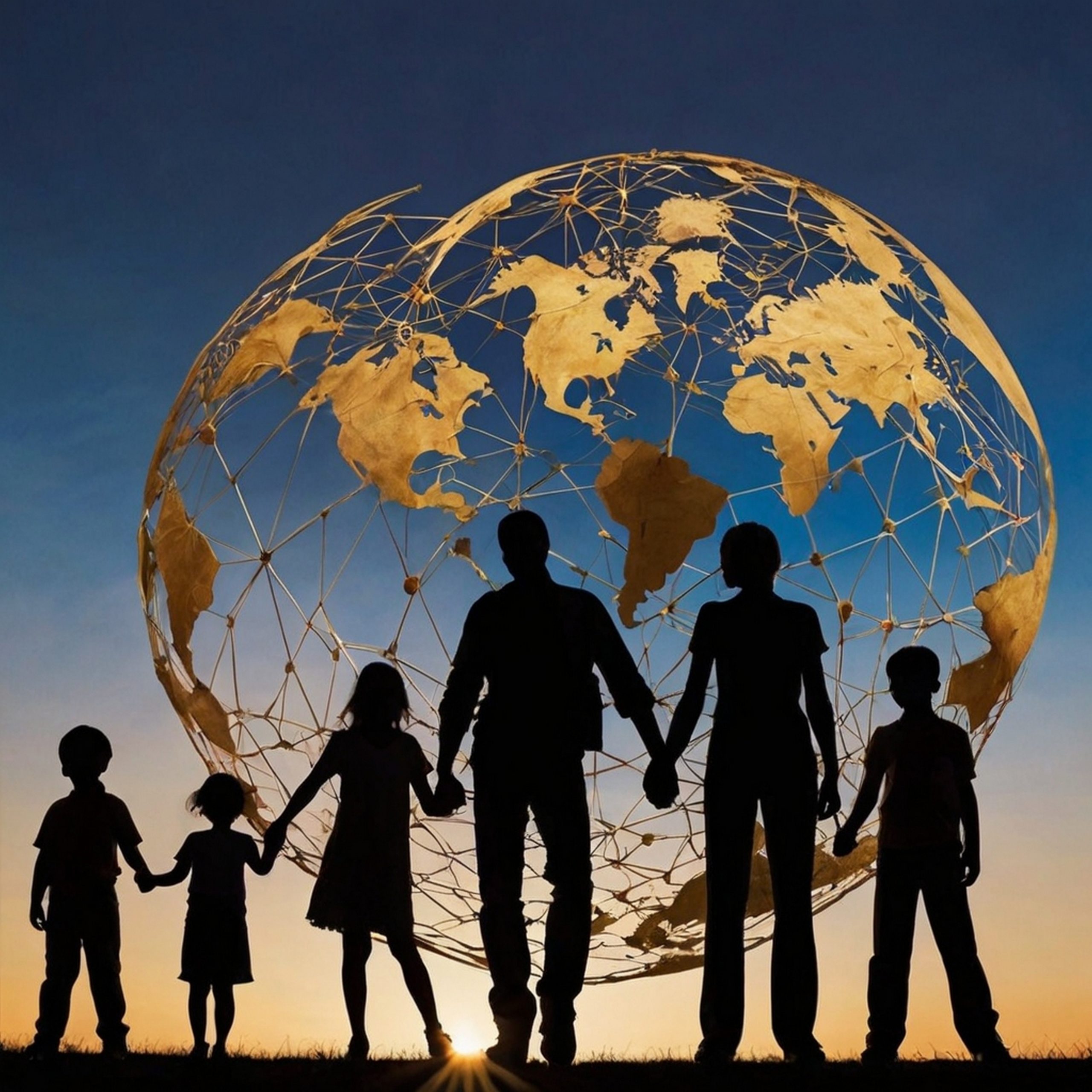 A powerful illustration of global unity featuring interconnected silhouettes of diverse individuals, including parents and children, holding up hands. The image symbolizes 'Parent Connect' by showcasing parents guiding and supporting their children, fostering a sense of unity and togetherness.