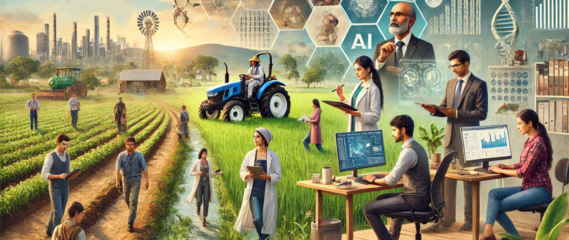 A high-tech agricultural landscape with drones and smart equipment, illustrating the future of farming and sustainable practices showcasing future careers.