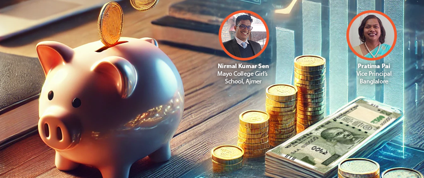 A piggy bank, stacks of bills, and a laptop, illustrating the concept of saving and managing finances effectively representing financial literacy.