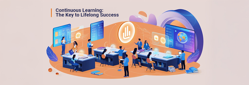 A futuristic digital classroom where students and educators engage in Continuous Learning through AI-driven tools, holographic displays, and interactive data screens. The scene symbolizes adaptability, innovation, and the integration of technology in education. A glowing 'Lifelong Learning' symbol highlights the importance of future readiness, with books transforming into digital interfaces against a backdrop of a dynamic, evolving world