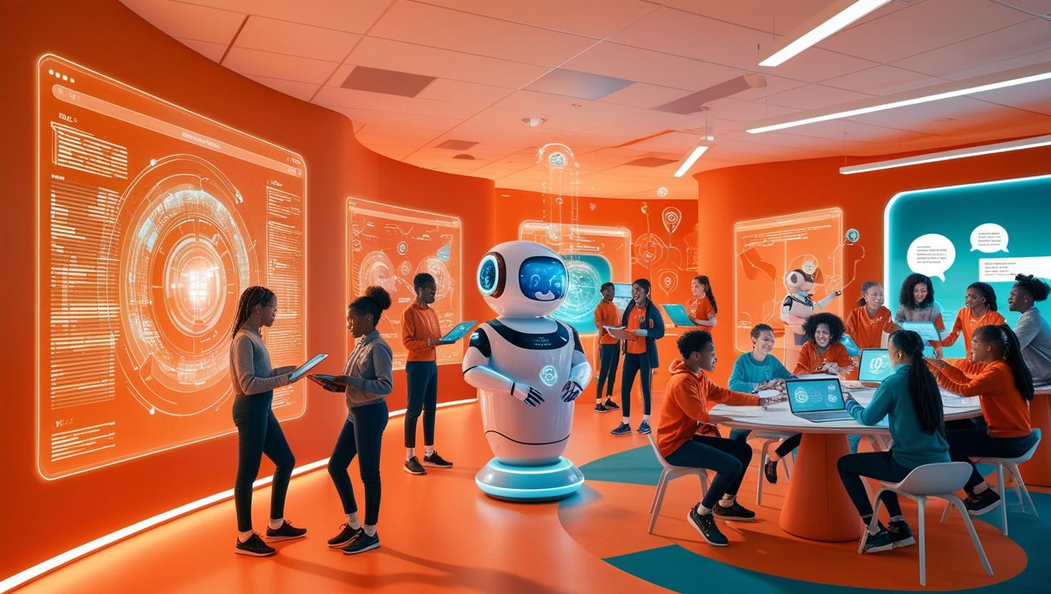 Students of diverse backgrounds engage in futuristic, tech-driven learning, embodying the concept of continuous learning. Some work with holographic displays, while others use digital tools for coding, data analysis, and collaboration. The setting blends a modern classroom with virtual learning environments, symbolizing the development of future-ready skills. The vibrant and inspiring color scheme reflects growth, creativity, and innovation.