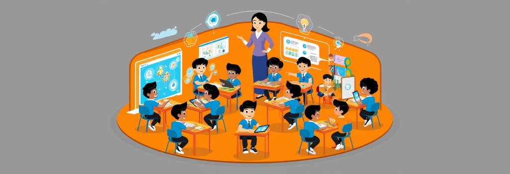 Futuristic classroom with diverse students engaged in continuous learning using holographic displays, digital tablets, and AI-assisted tools, guided by a teacher.
