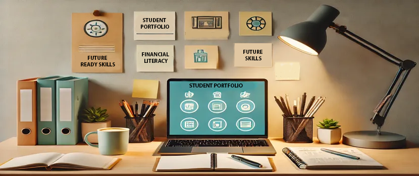 A well-organized study desk with a laptop displaying a Student Portfolio interface, surrounded by books, stationery, and a lamp. The wall behind features notes highlighting key topics like Future Ready Skills, Financial Literacy, and Future Skills.