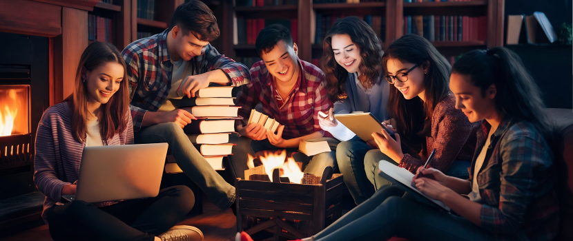 A cozy scene of young adults by a fireplace, collaborating on a project. They're writing, reading, and discussing—Zibliography—emerging words in carrers.