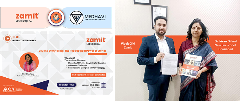 A teacher training webinar banner on storytelling in education, alongside a photo of two professionals exchanging a document related to the training program focused on teacher training.