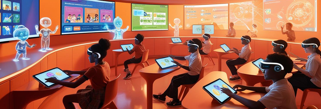 A futuristic classroom with students using digital screens, AR/VR tools, and interactive AI tutors for immersive, technology-enhanced continuous learning and collaboration.