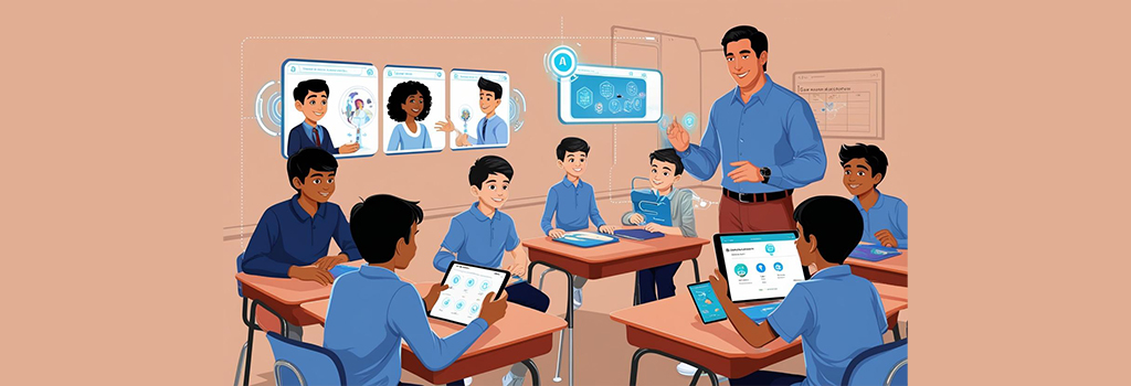 A diverse group of students and teachers engaging with technology in a modern classroom, using tablets, interactive screens, and books to support continuous learning.
