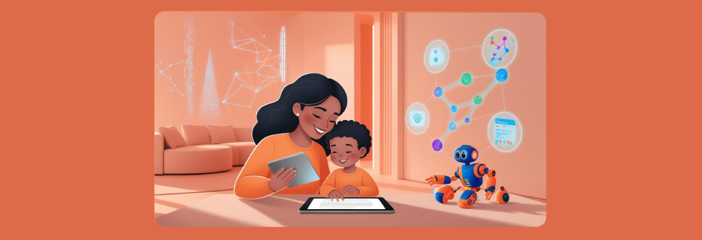 A futuristic illustration of a parent and child learning together at home. The parent is reading on a tablet, while the child works on a STEM project with robotics. Holographic educational visuals in the background symbolize continuous learning and digital literacy in a technology-driven world.