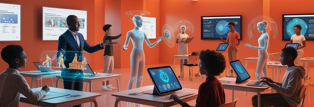 Futuristic classroom with a teacher using augmented reality (AR) for a lesson, students interacting with AI-powered assistants, and virtual reality (VR) headsets for immersive learning. Represents the future of education and continuous learning. The Future of Continuous Learning: What’s Next?