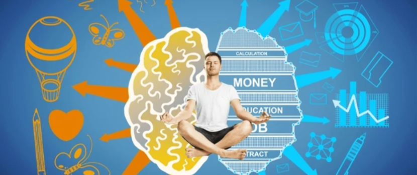 A man meditates between two brain hemispheres, representing a balance between creativity and logic. The left side features artistic elements, while the right side highlights analytical skills like money, education, and jobs, emphasizing skill development.