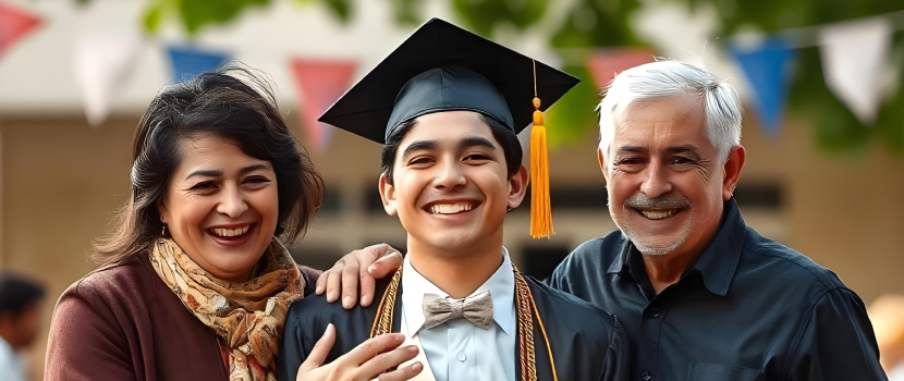 A graduate in cap and gown stands with his parents, all smiling broadly, capturing a moment of family pride and achievement symbolizing 'Parent Connect'.