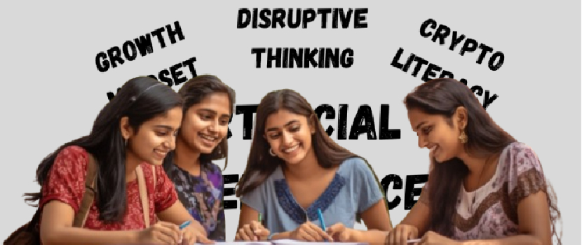 Three girls seated at a table, engaged in conversation with a book placed in front of them. In the background words are written symbolizing Zibliography.