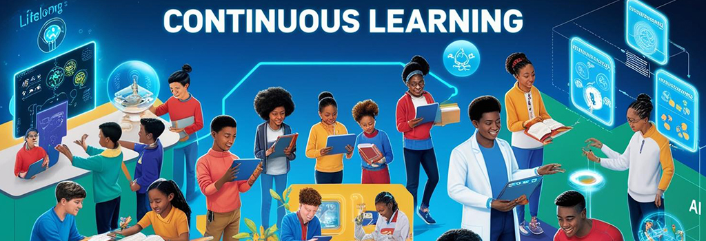 Illustration of educators and students engaged in continuous learning, featuring digital tools, collaboration, and skill development for a future-ready education.