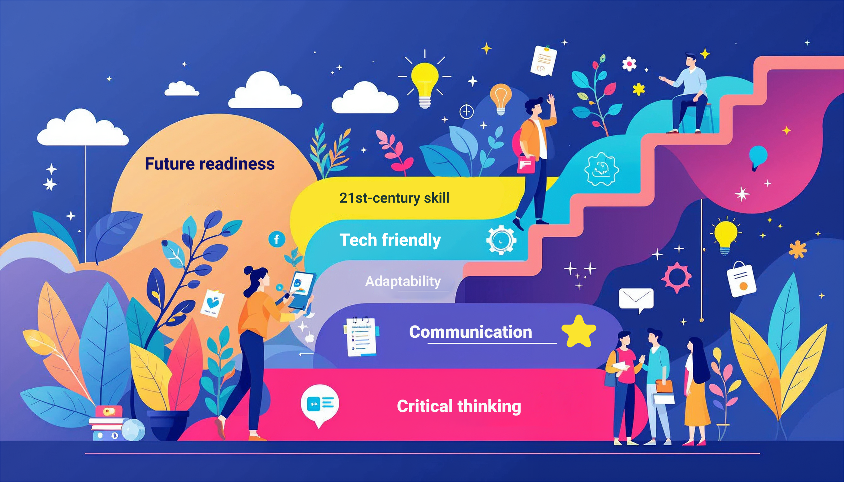 Illustration of students and educators climbing colorful steps representing Critical Thinking, Communication, Adaptability, Tech Friendly, 21st-Century Skills, and Future Readiness—depicting Zamit Quotient improvement and future-ready education.