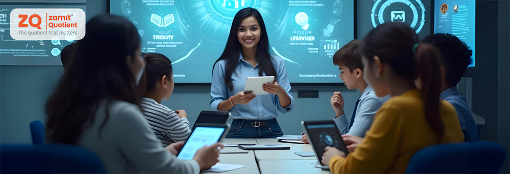 Illustration representing modern education enhanced by the Zamit Quotient, highlighting 21st-century skills, student development, and future readiness