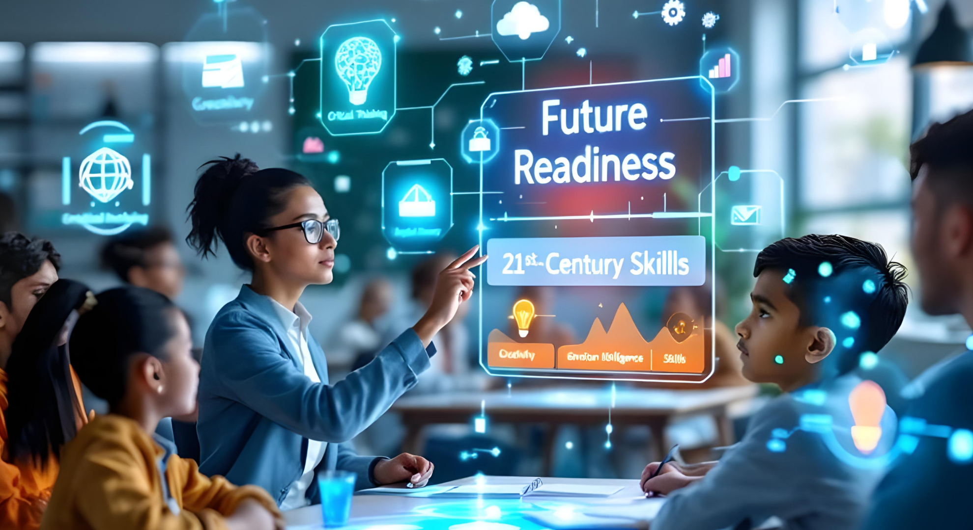 Students and educators using Zamit Quotient for future readiness, career skills, and 21st-century learning development in a modern classroom setting