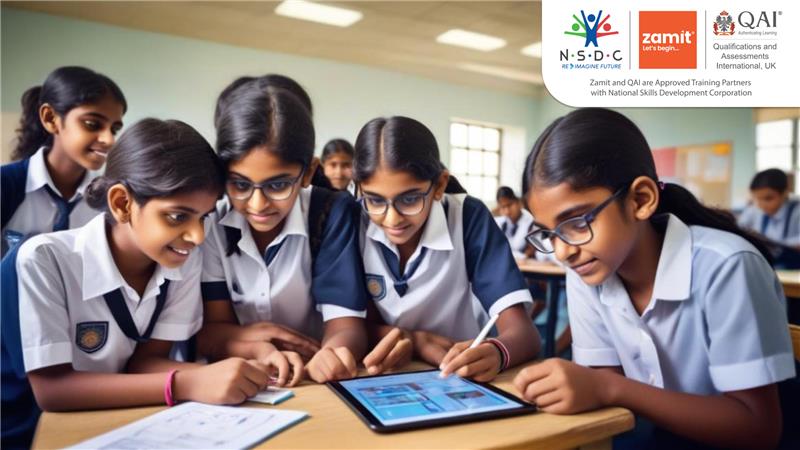 Group of school girls using a tablet in classroom with Zamit, QAI, and NSDC logos, representing schools excelling with the Zamit Quotient for educational success