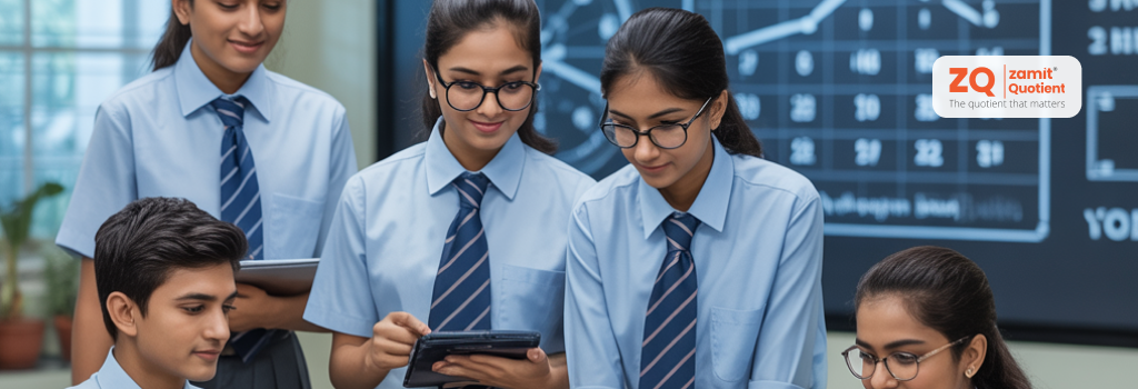 School students using digital devices during classroom activity with Zamit Quotient (ZQ) logo, representing AI-based educational benchmarking for future readiness."