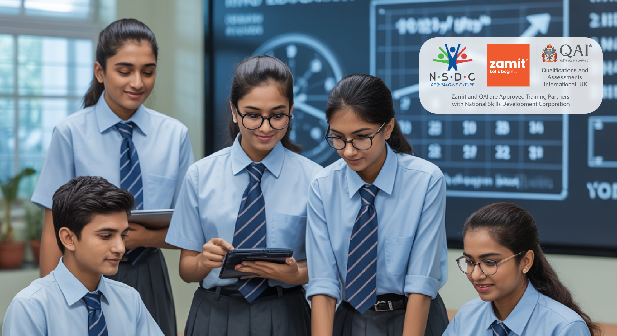 School students using digital devices during classroom activity with Zamit Quotient (ZQ) logo, representing AI-based educational benchmarking for future readiness. Zamit Quotient