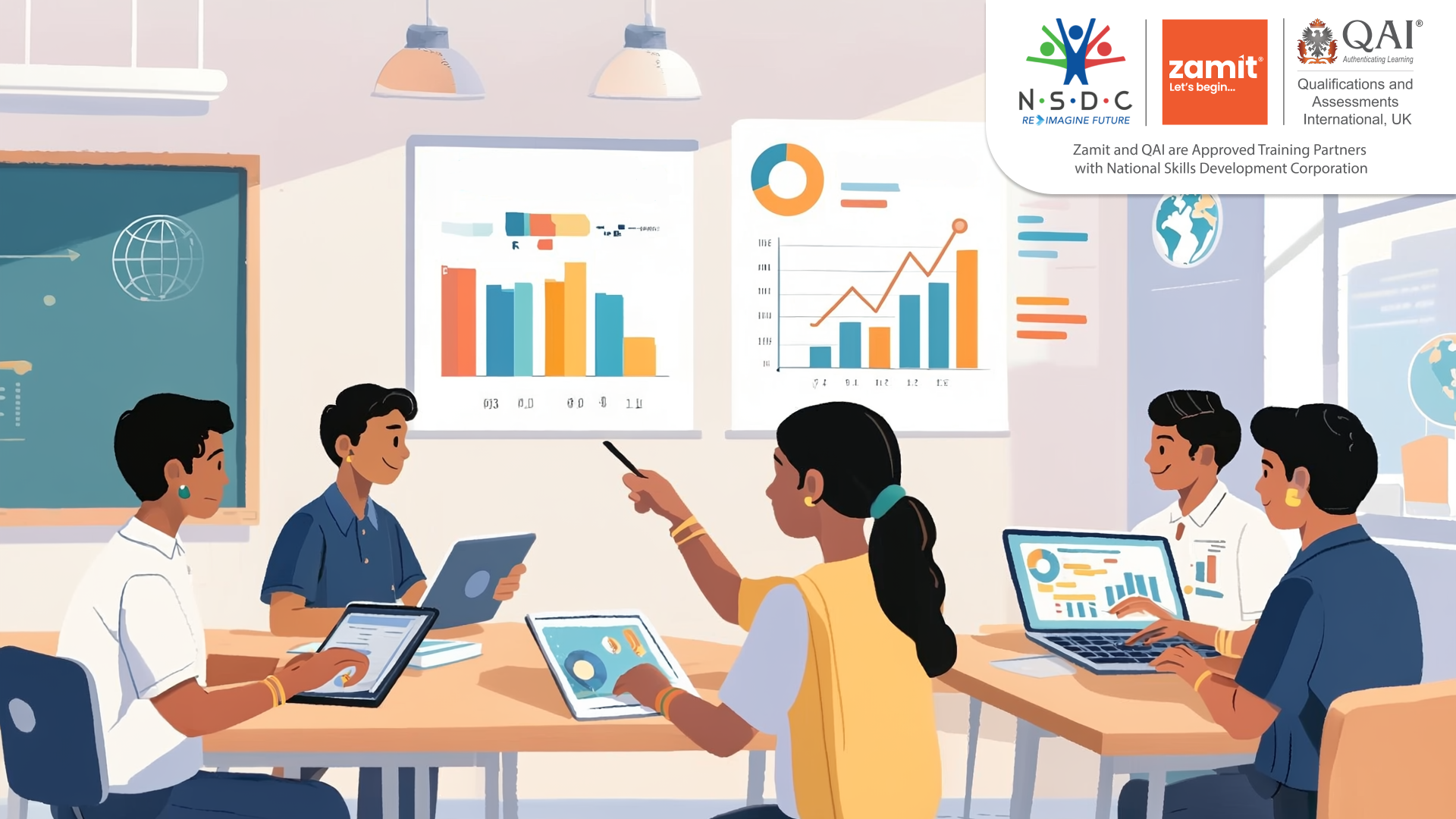 Students collaborating in a digital classroom setting, analyzing data charts and graphs on tablets and laptops, representing the concept of benchmarking in education, with logos of NSDC, Zamit, and QAI indicating certified training partnerships.