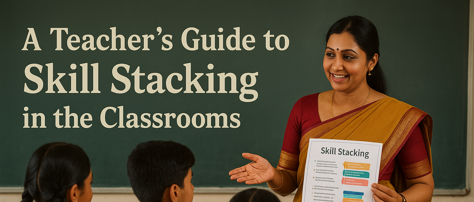 This image captures a teacher confidently introducing Skill Stacking in the classroom, guiding students toward future-ready learning. It represents a Fast Forward approach to education, where combining diverse skills accelerates student growth and classroom innovation.