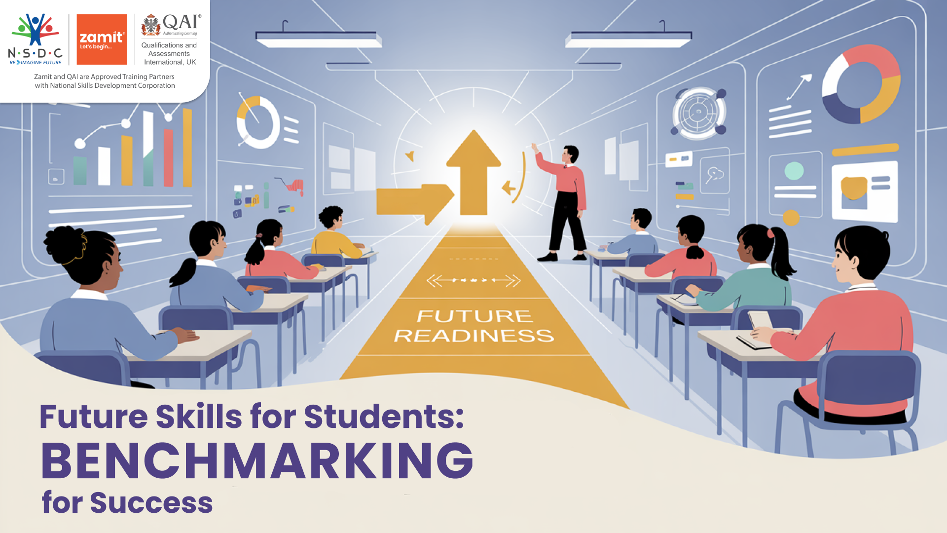 "Students and teachers engaged in collaborative learning, representing benchmarking in education to develop future skills for students."
