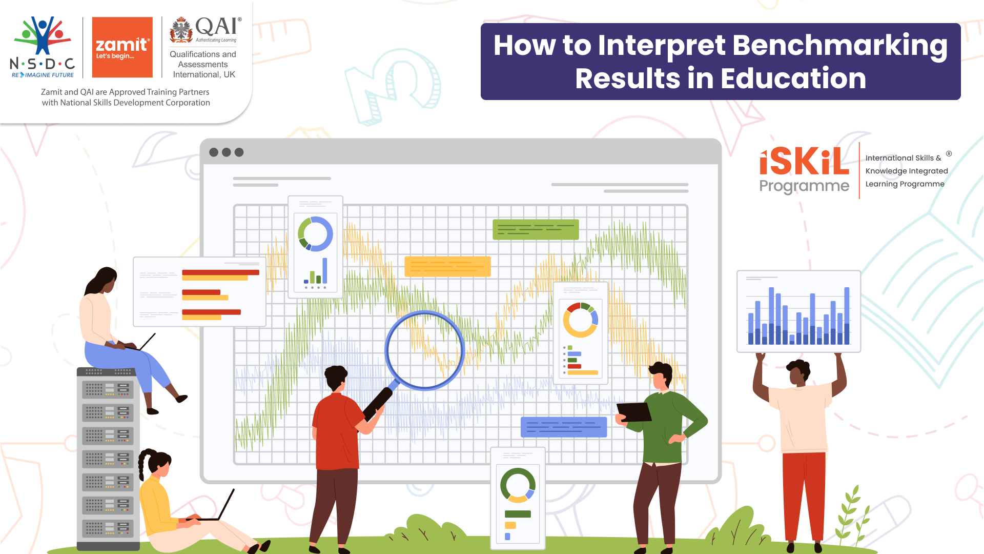 Illustration showing students and educators using data to enhance future readiness through educational benchmarking tools.