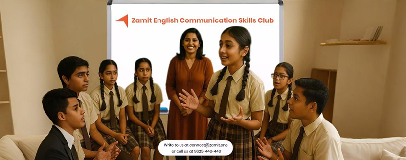 This engaging image captures students actively participating in the Zamit English Communication Skills Club. Dressed in school uniforms, they are involved in a lively discussion or presentation, guided by a smiling facilitator. The setting reflects the vibrant and supportive environment of the Zamit Skill Zone.