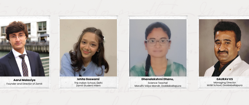 Four portrait photos with name captions: Aarul Malaviya, Ishita Goswami, Dhanalakshmi Dhanu, and Gaurav KS.