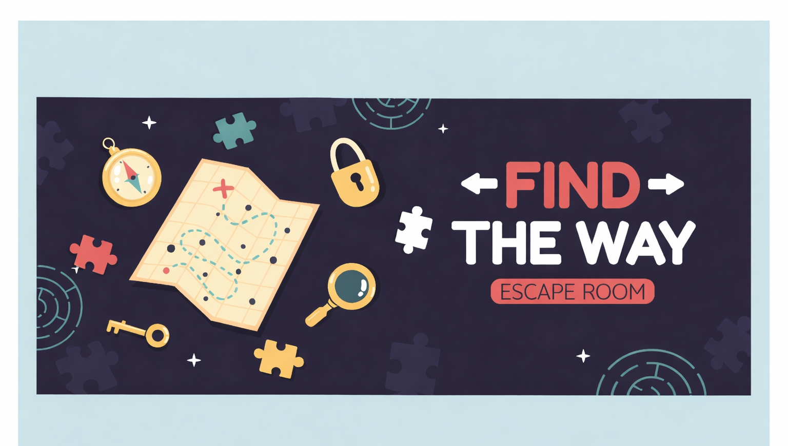“Find the Way” escape room banner with a map, compass, key, lock, magnifying glass, and puzzle pieces.