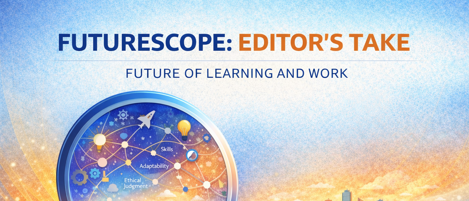 Futurescope Editor’s Take graphic on the future of learning and work, showing a magnifying glass over a skills network above an open book.