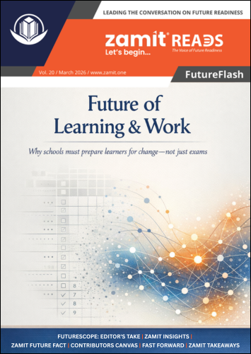 Zamit Reads FutureFlash cover titled “Future of Learning & Work” about preparing learners for change, not just exams.