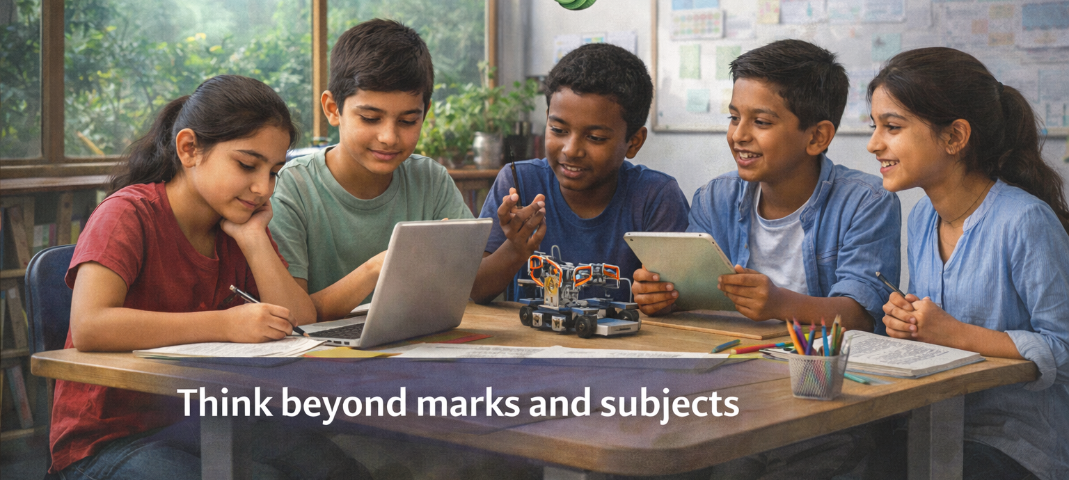 Students collaborating with a laptop and robotics kit under text about curiosity, adaptability, and comfort with change.